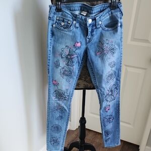 True Religion Floral Embroidered Women's Jeans - Blue and Pink